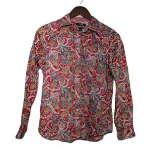 Women's Chaps Red Floral Paisley Print Long Sleeve Button-Up Shirt Size P M